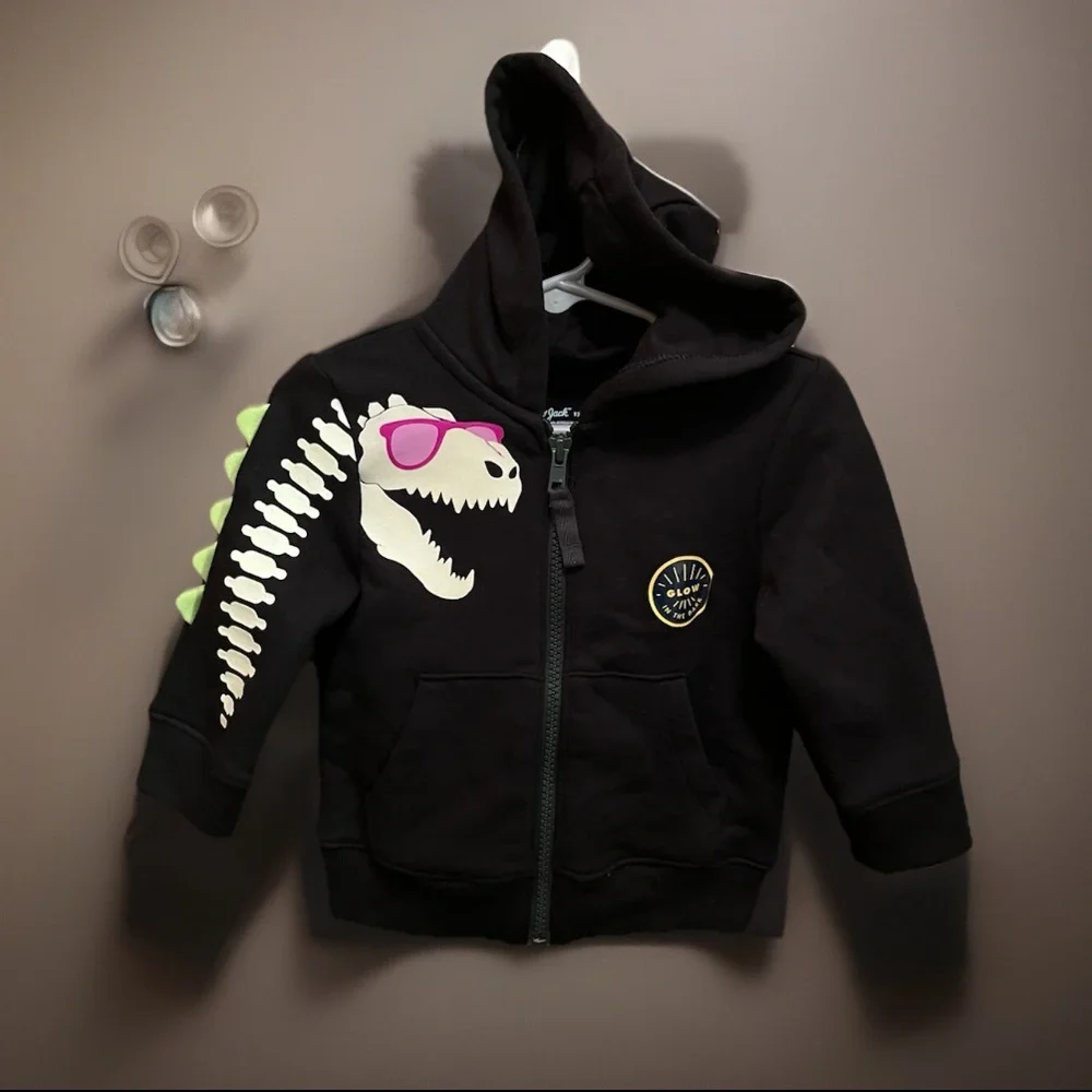 3D Dinosaur Zip Up Hoodie With Drawstrings Glows In Dark Spikes On Sleeve Jacket